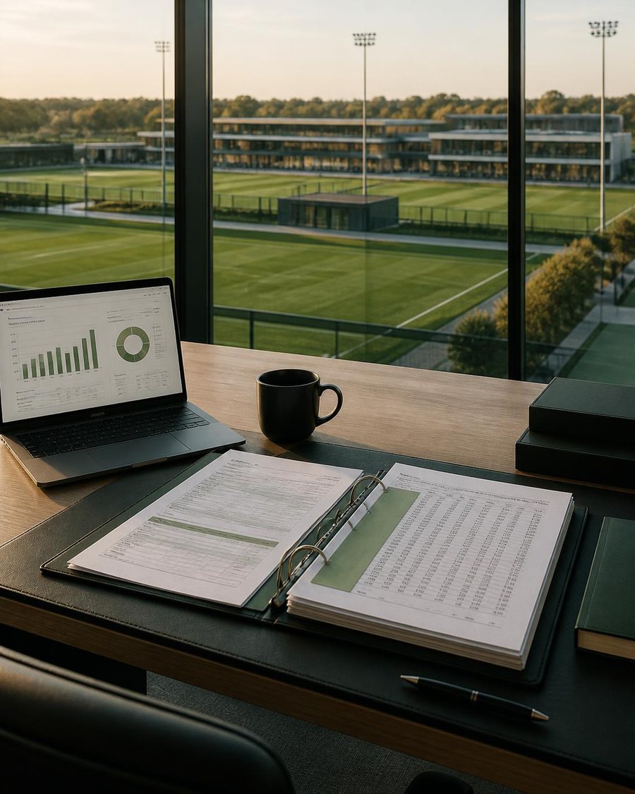 Despacho moderno con documentos de auditoría y vistas a una ciudad deportiva