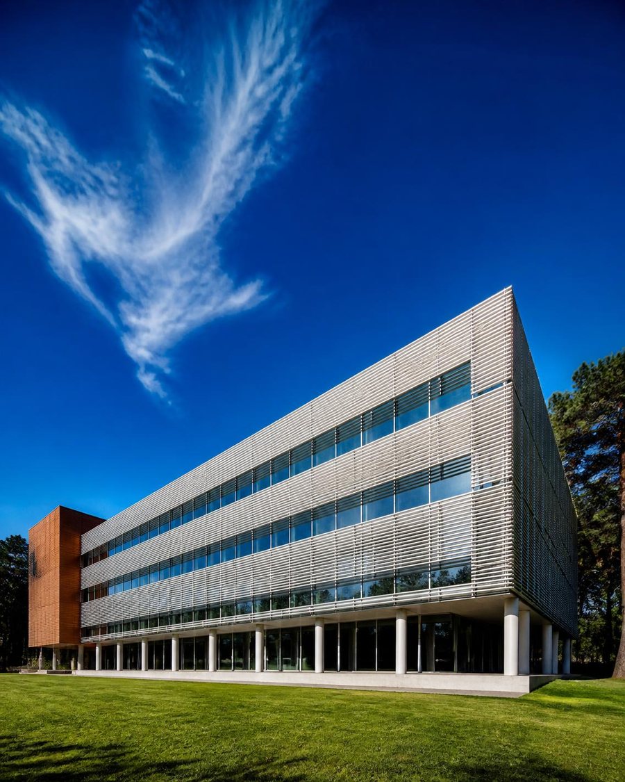 Edificio institucional deportivo de fachada clara bajo un cielo azul intenso